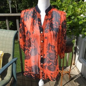 Trinity 100% silk sheer navy and orange blouse size S